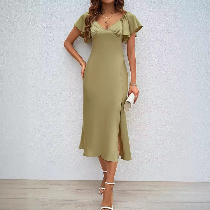 Dame maxikjole med elegante puffærmer og sidelæg Stilla