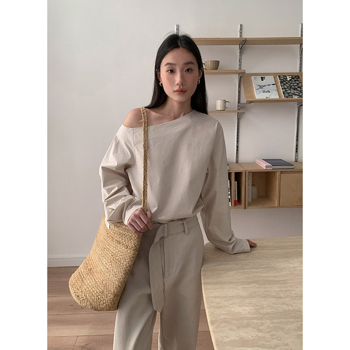 Dame asymmetrisk langærmet overdel med elegant krave Stilla