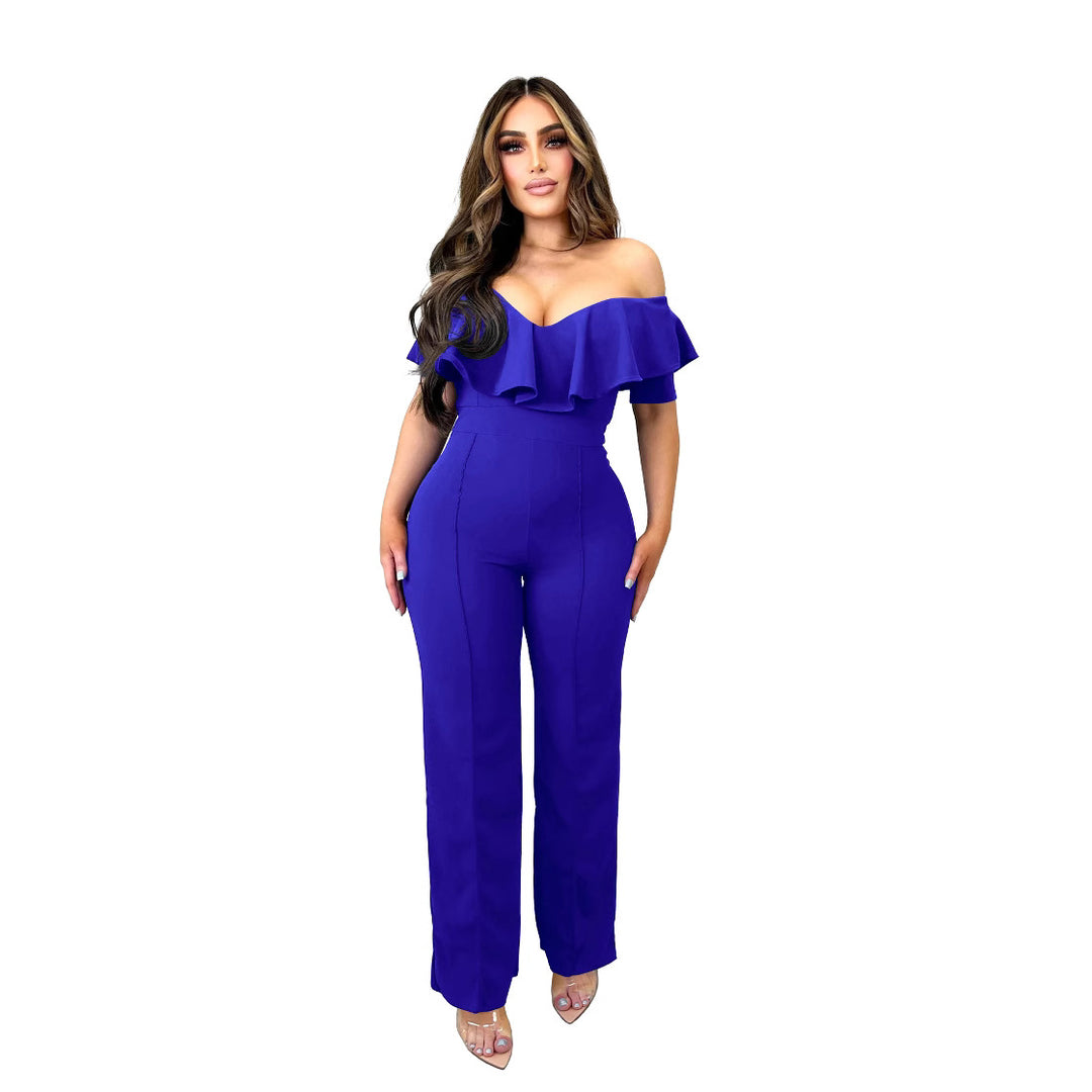 Dame Off-Shoulder Jumpsuit med voluminøst flæsedetalje og figursyngende snit Stilla