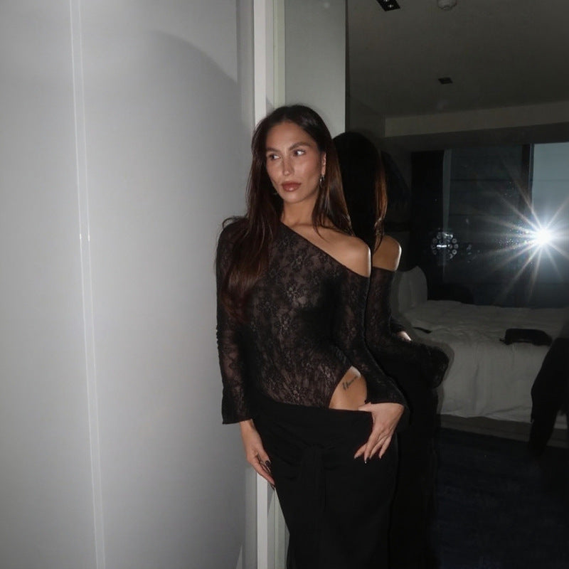 Dame elegant spids bodystocking med smart lang nederdel Skovae