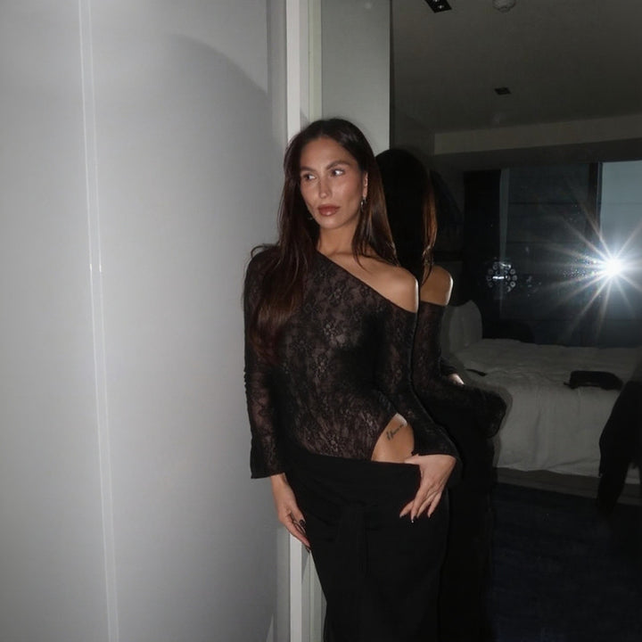 Dame elegant spids bodystocking med smart lang nederdel Skovae