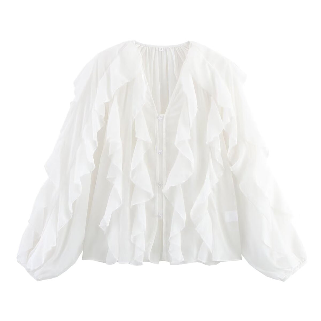Kvinders elegante flæsebluse med voluminøse ærmer Stilla