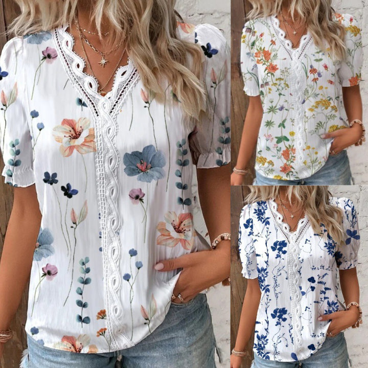 Damebluse med blomsterbroderi og knaplæst Stilla