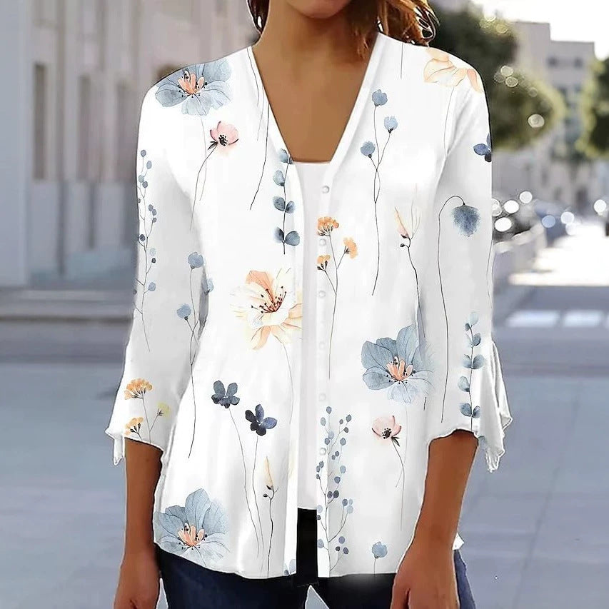Dame nan let chiffon bluse med akvarel blomstertryk, V-halsudskæring, knapliste og trekvartærmer Skovae