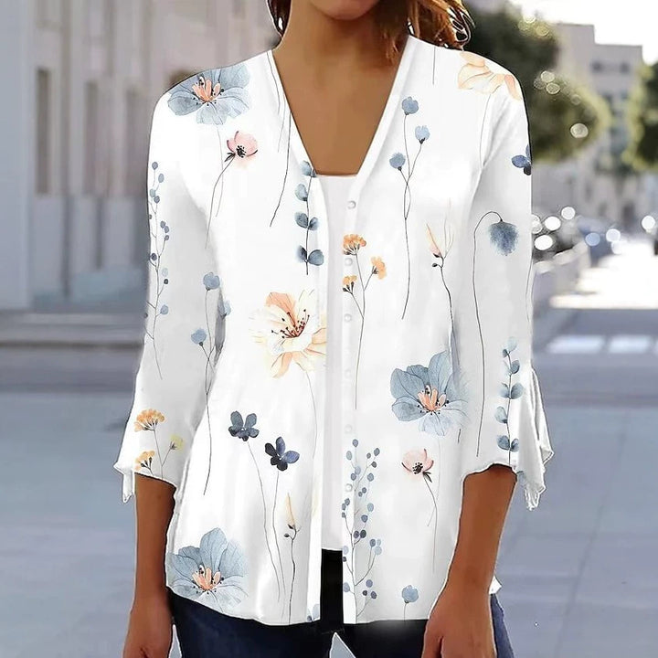 Dame nan let chiffon bluse med akvarel blomstertryk, V-halsudskæring, knapliste og trekvartærmer Skovae