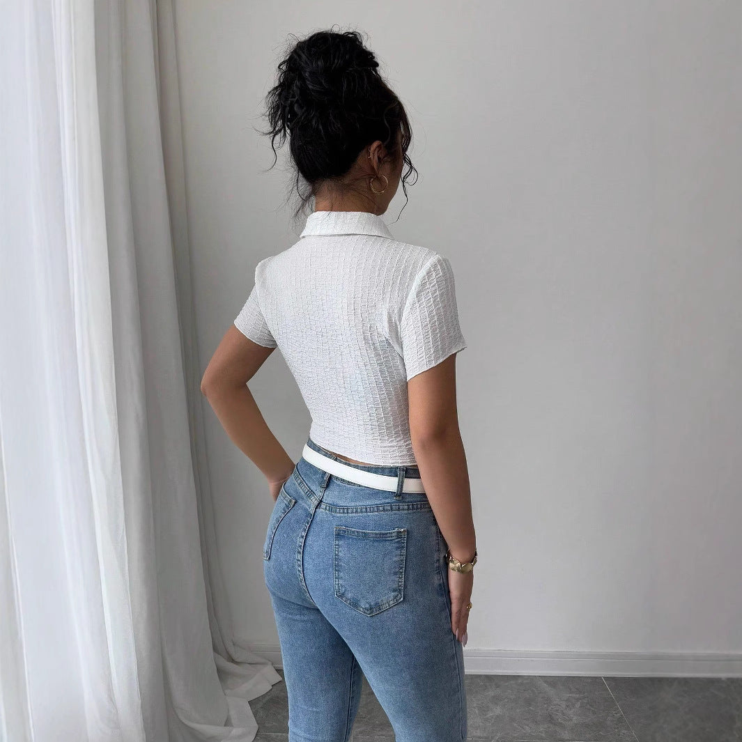 Dame nan taillet bauchfri kort blouse med crepe struktur skjortekrave og knapliste Skovae