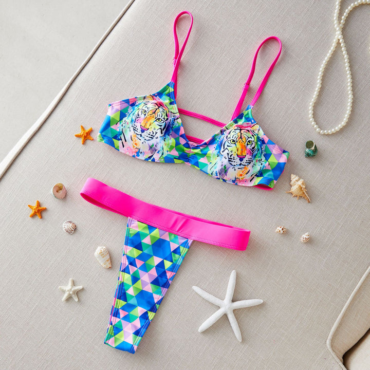 Dame Bikini-sæt med trendy tigerudskæring og geometrisk mønster Stilla