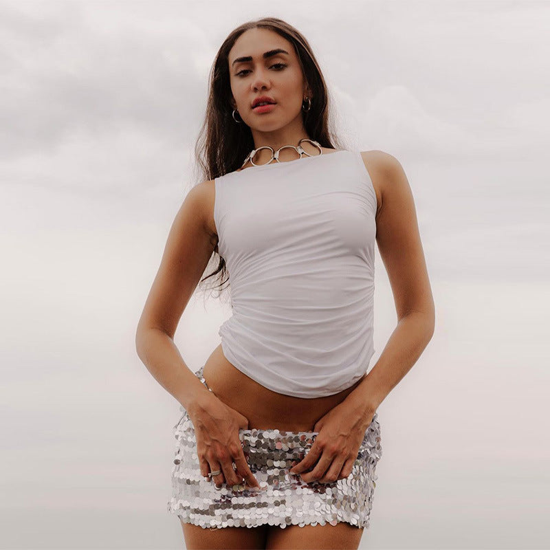 Dame Bodycon top med højt lukket design og raffinerede draperinger Stilla