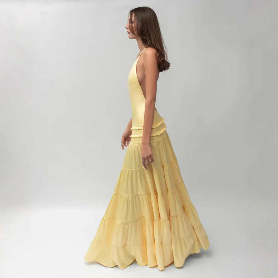 Dame elegant asymmetrisk maxikjole med flæsedetaljer Skovae