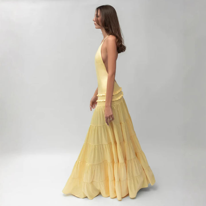 Dame elegant asymmetrisk maxikjole med flæsedetaljer Skovae