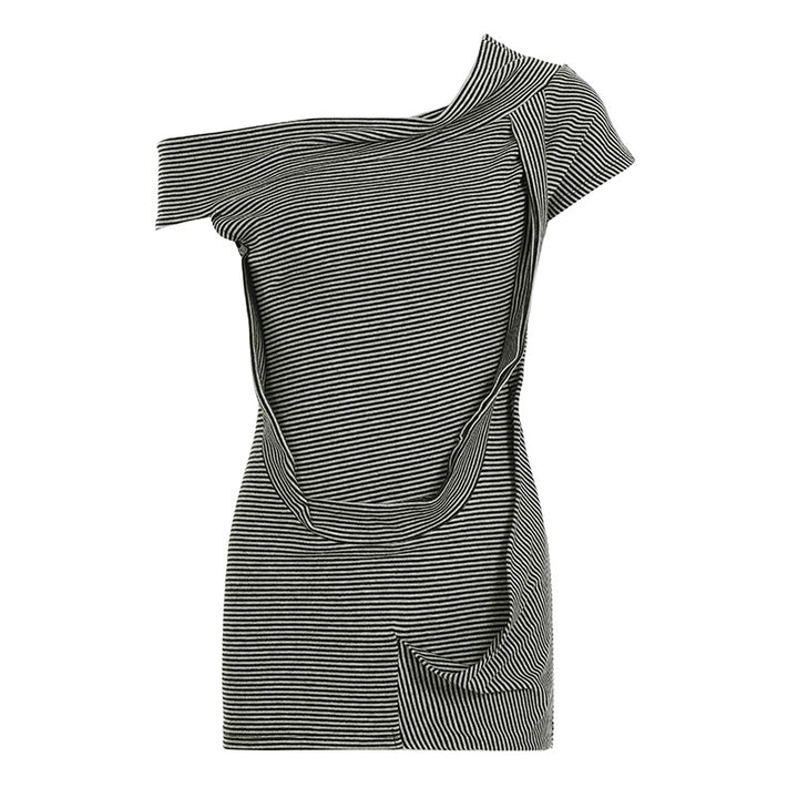 Damen asymmetrisches Kurzarm-Oberteil mit Streifenmuster und innovativem Design Skovae