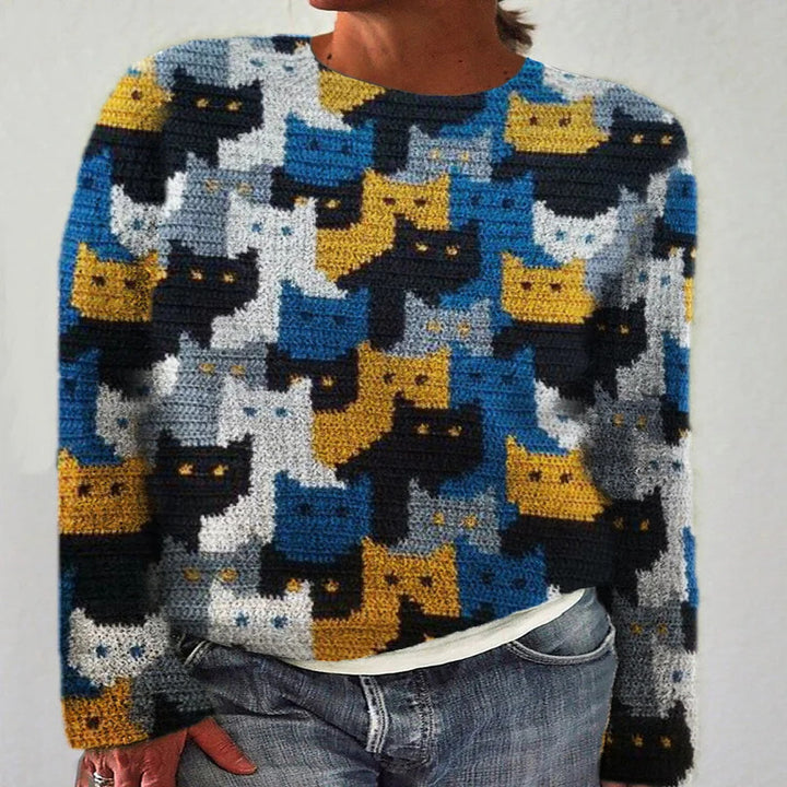 Kvindernes strikkede sweater med legende kattemønster Stilla
