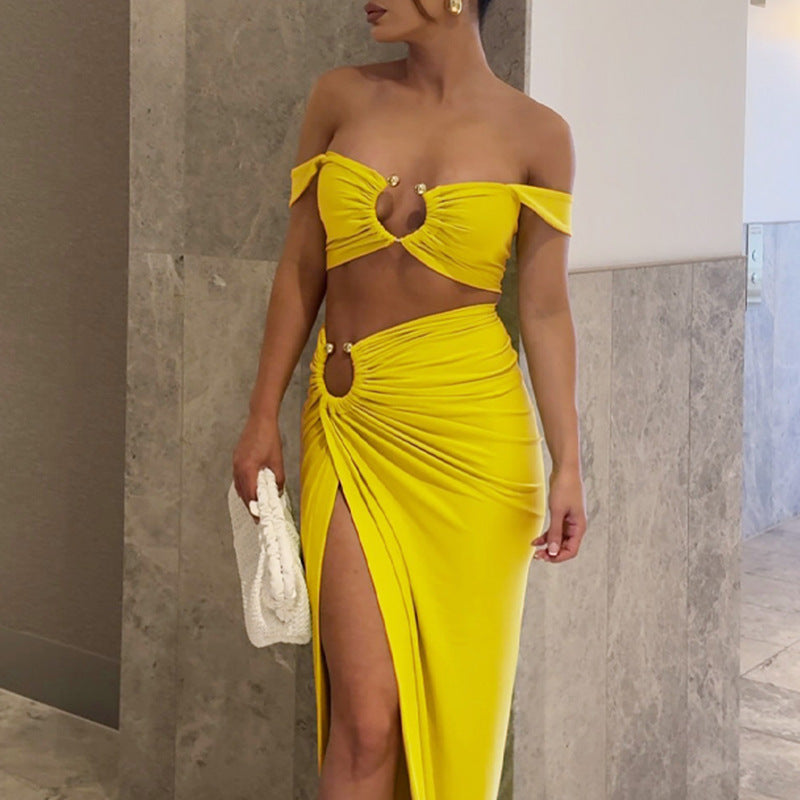 Dame Off-Shoulder Crop-Top og Maxi-Nederdel Sæt med elegant slids Stilla