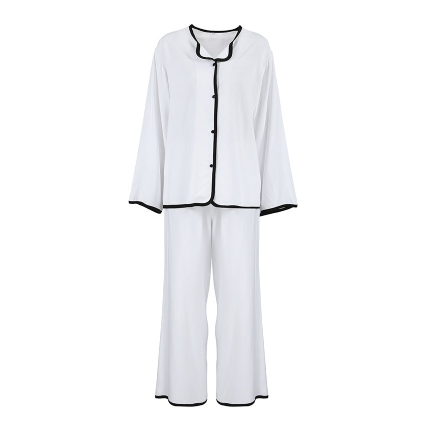 Dame elegant satin pyjamasæt med kontrastfarvede kanter og knaplukning Stilla