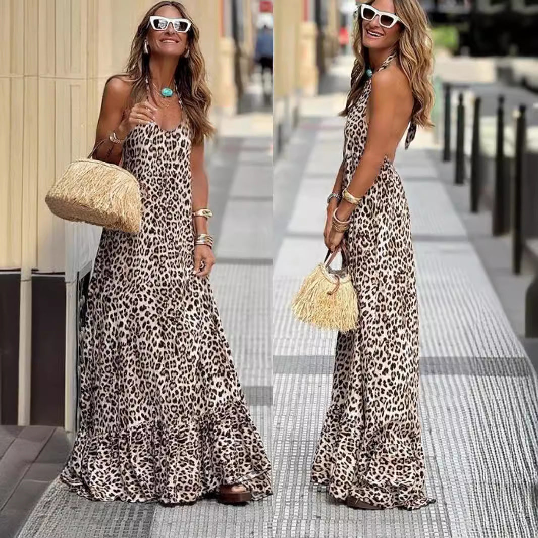 Dame Maxikjole med elegant leopardmønster og fransk kantnederdel Stilla
