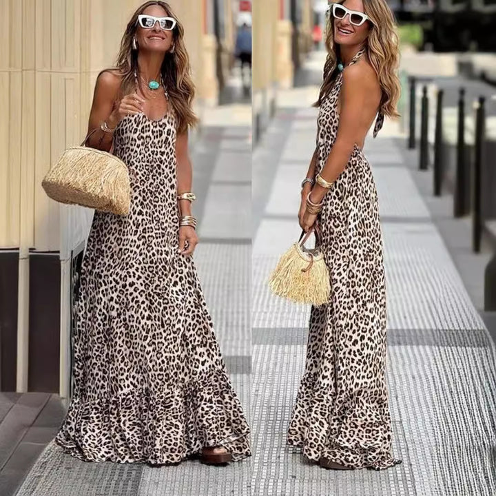 Dame Maxikjole med elegant leopardmønster og fransk kantnederdel Stilla