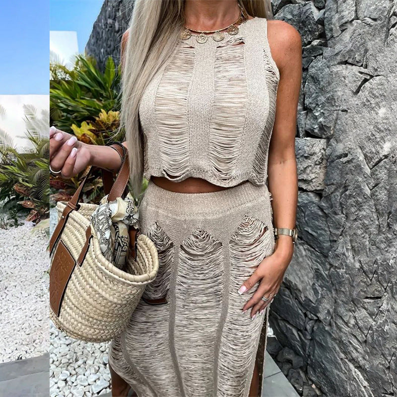 Damehækle-sæt med moderigtigt crop-top og elegant maxiskørt Stilla