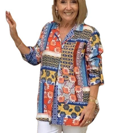 Dame oversized skjorte med farverigt patchwork-design Stilla