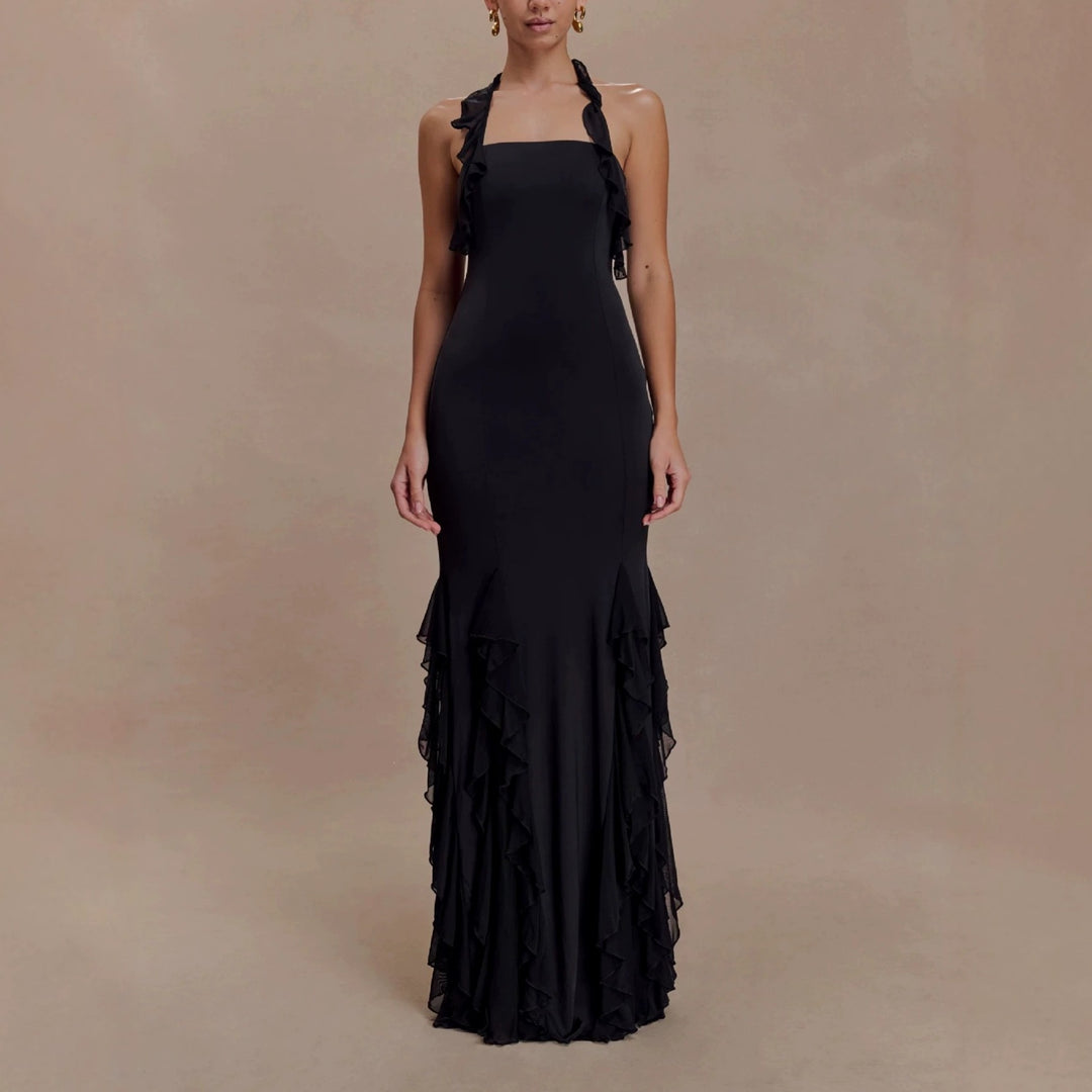 Dame Elegant Langærmet Maxikjole med Ruffles Detaljer Skovae