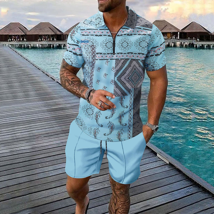 Herrer casual strandoutfit med unikt grafisk mønster og korte shorts Stilla