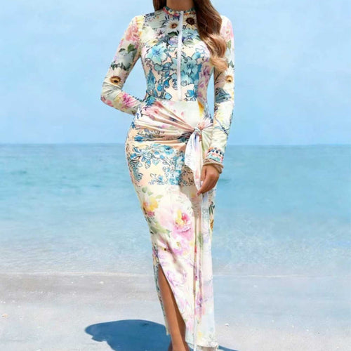 Dame Elegant Langærmet Strandkjole med blomsterdesign Skovae