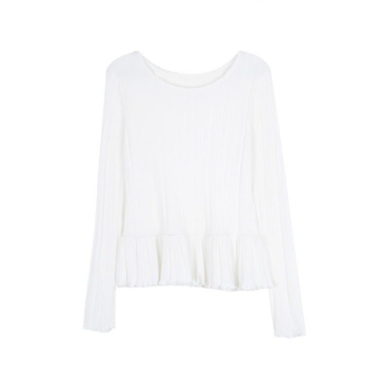 Dame ribstrik-top med feminin ruffle-silhuet og elegant høj krave Stilla