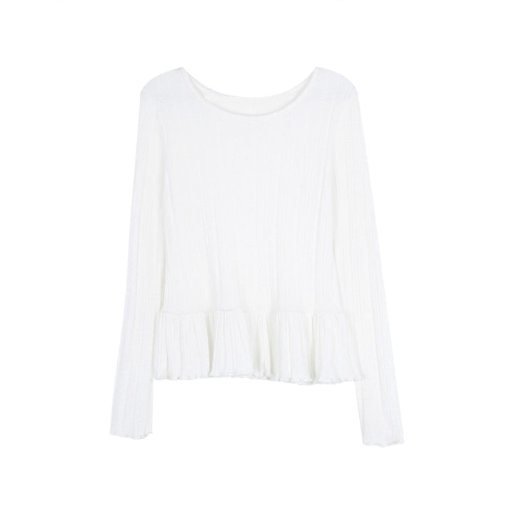 Dame ribstrik-top med feminin ruffle-silhuet og elegant høj krave Stilla