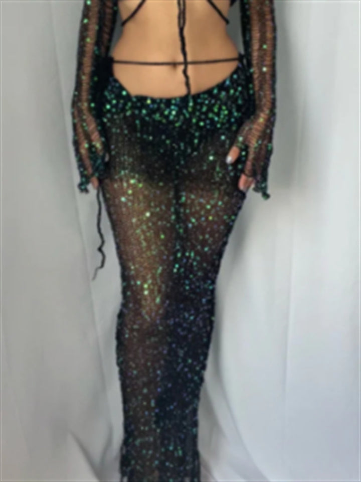 Dame Glitter Net Bukser med Glitrende Pailletter og Elegant Design