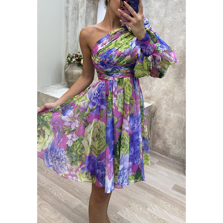 Dame One-Shoulder Kjole med blomstertryk og elastisk talje Stiila