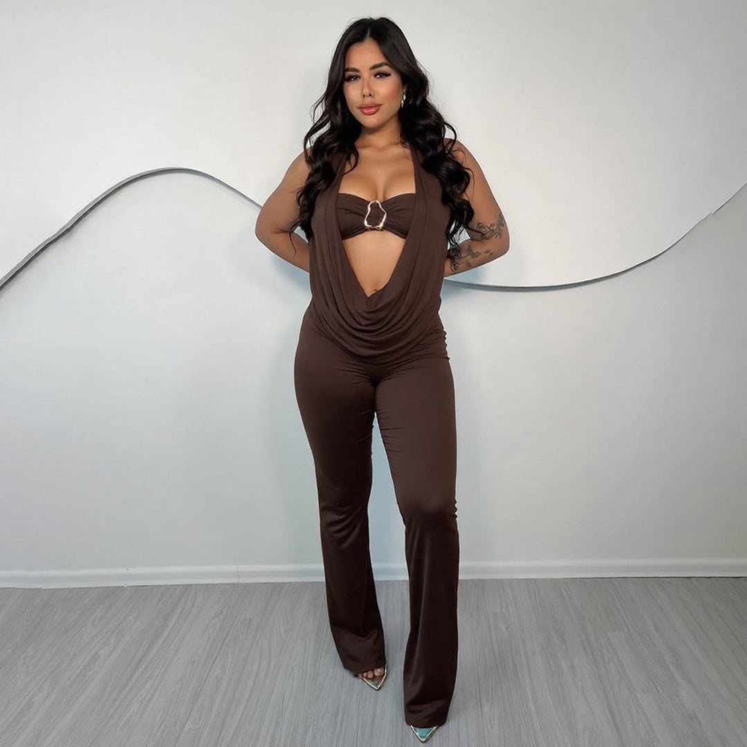 Dame Elegant jumpsuit med justerbar udskæring og smart bælte Skovae