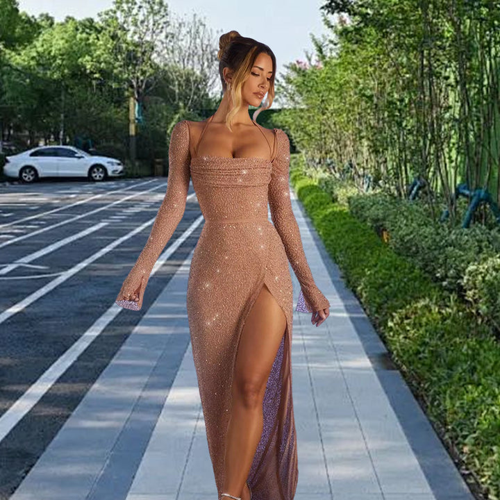 Damer Glamorous Maxi Kjole med Glitrende Detaljer og Side Slid