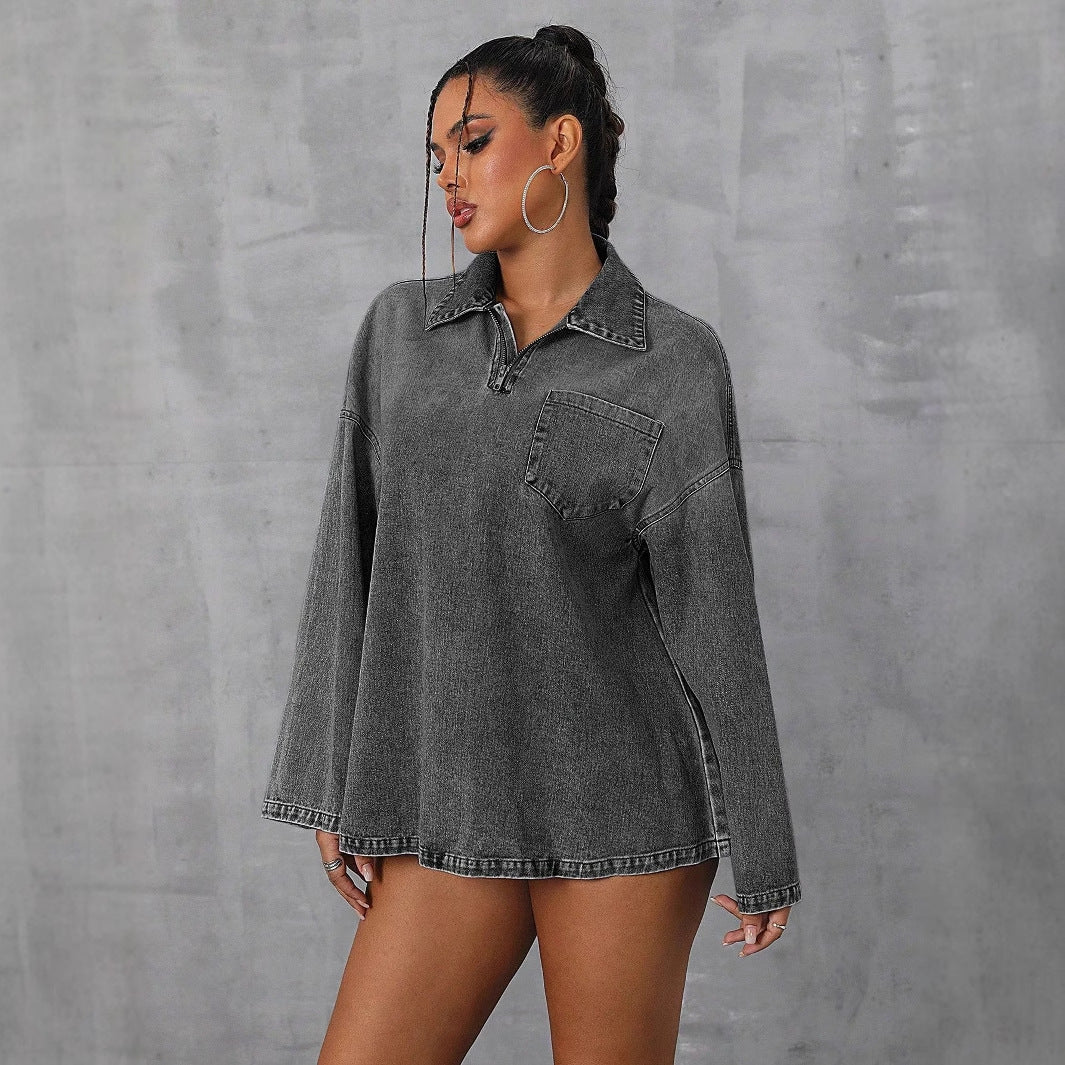 Kvinders oversized denim-bluse med praktisk lynlås og afslappet krave Stilla