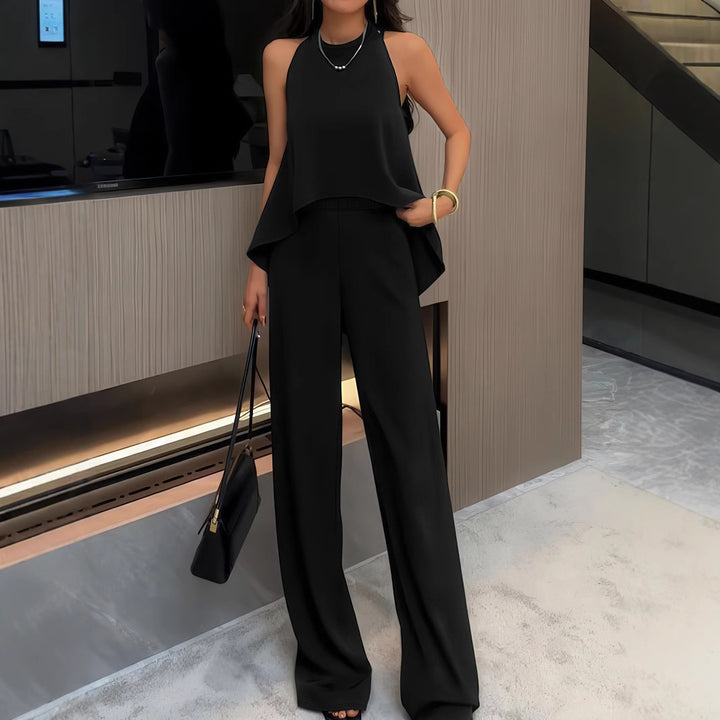 Dame stilfuld Two-Piece sæt med moderne asymmetrisk overdel og bred bukseåbning Stilla