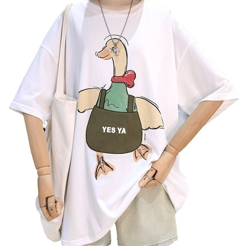 Dame T-shirt med legende andemotiv og afslappet oversized-snit Stilla