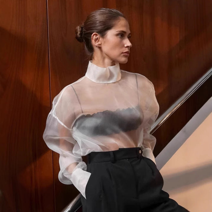 Dame Gennemsigtig Chiffonbluse med højt Krave og elegante Puffærmer Stilla