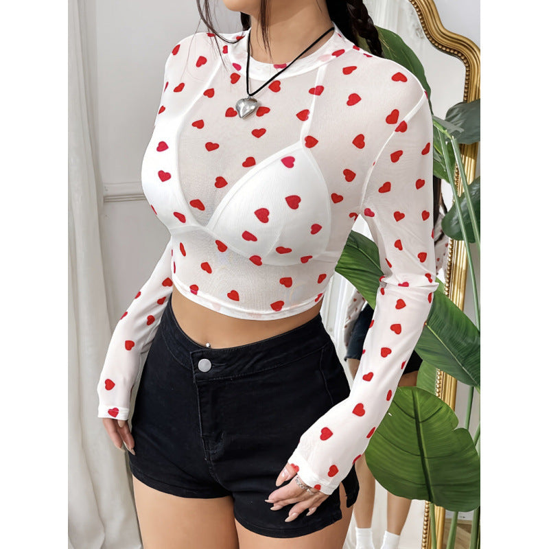 Dame Langærmet Crop-Top med hjerte mønster og gennemsigtig fornemmelse Skovae