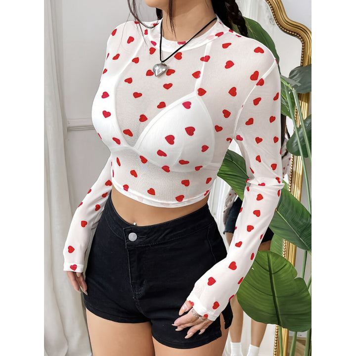Dame Langærmet Crop-Top med hjerte mønster og gennemsigtig fornemmelse Skovae