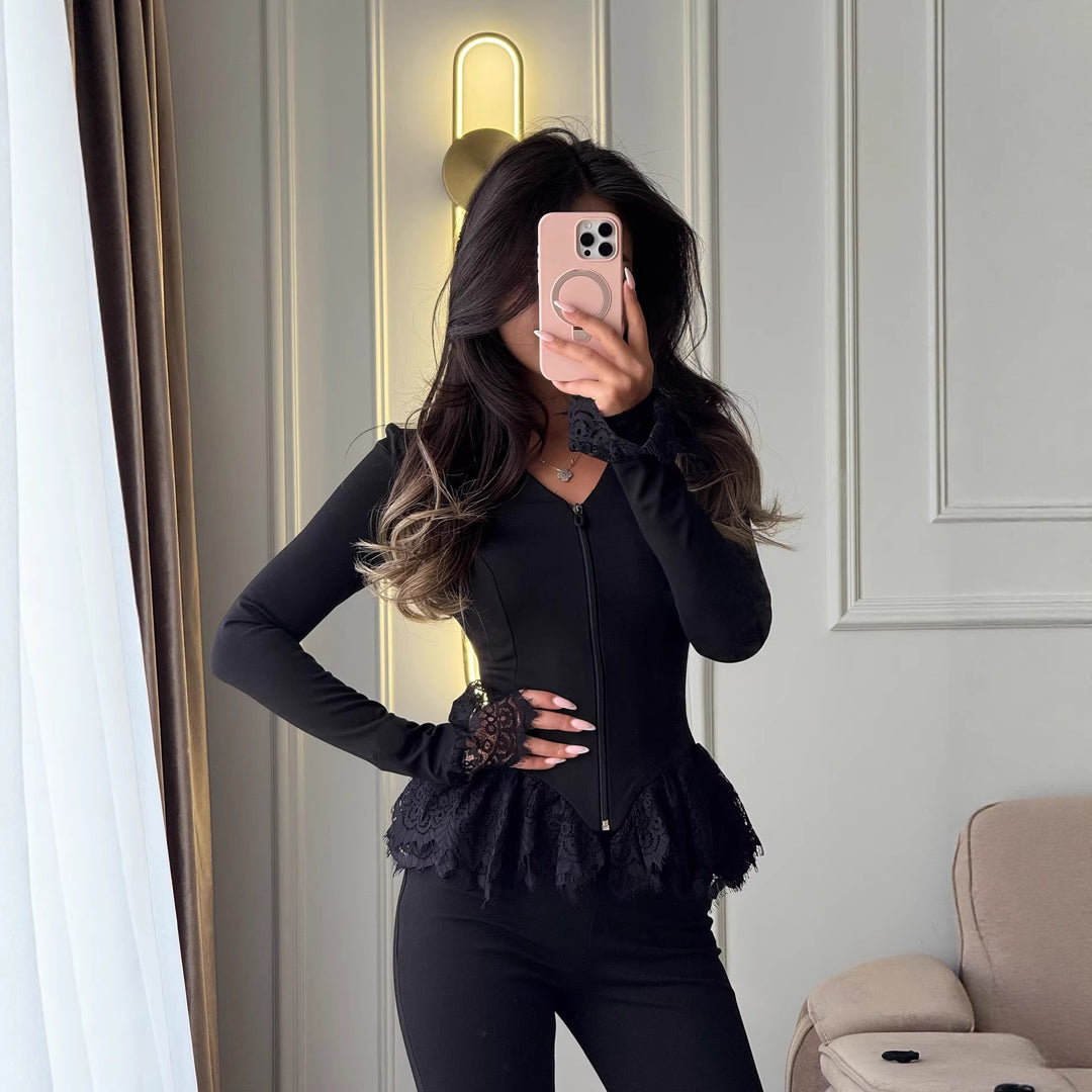 Dame Ruffle Top med Lynlås og Blonde Stilla