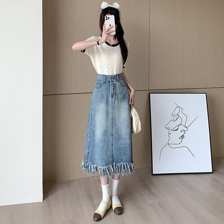 Kvindernes denim midi nederdel med frynset nederste Stilla