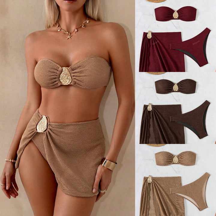 Dame bandeau bikini sæt med dekorativt indpaknings nederdel Skovae