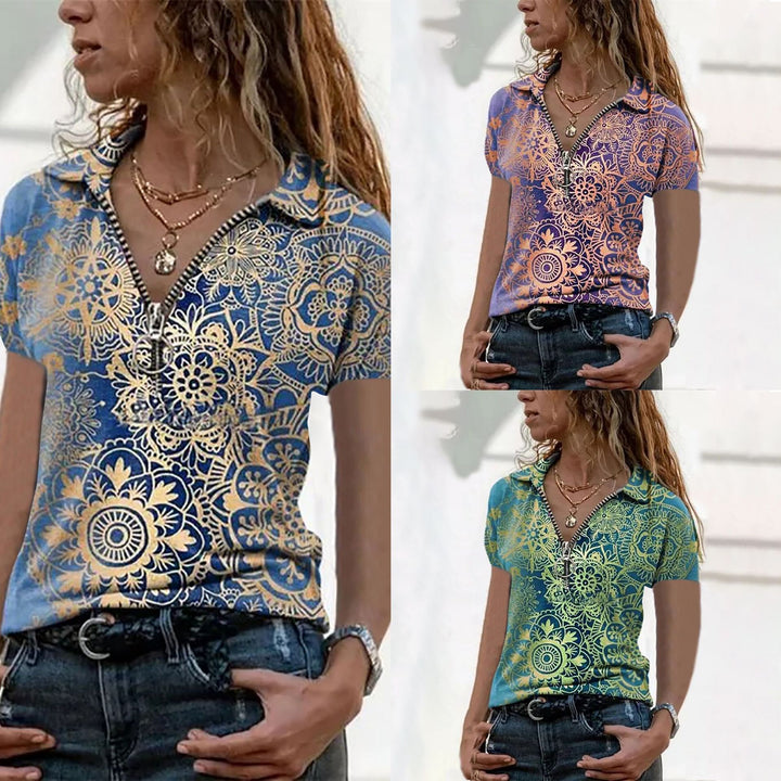 Dame Polo-shirt med florale mønster og figursyet snit Stilla