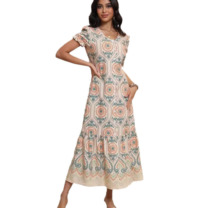 Femme Bohemian Tryk Maxi Kjole med Volangkant Stilla