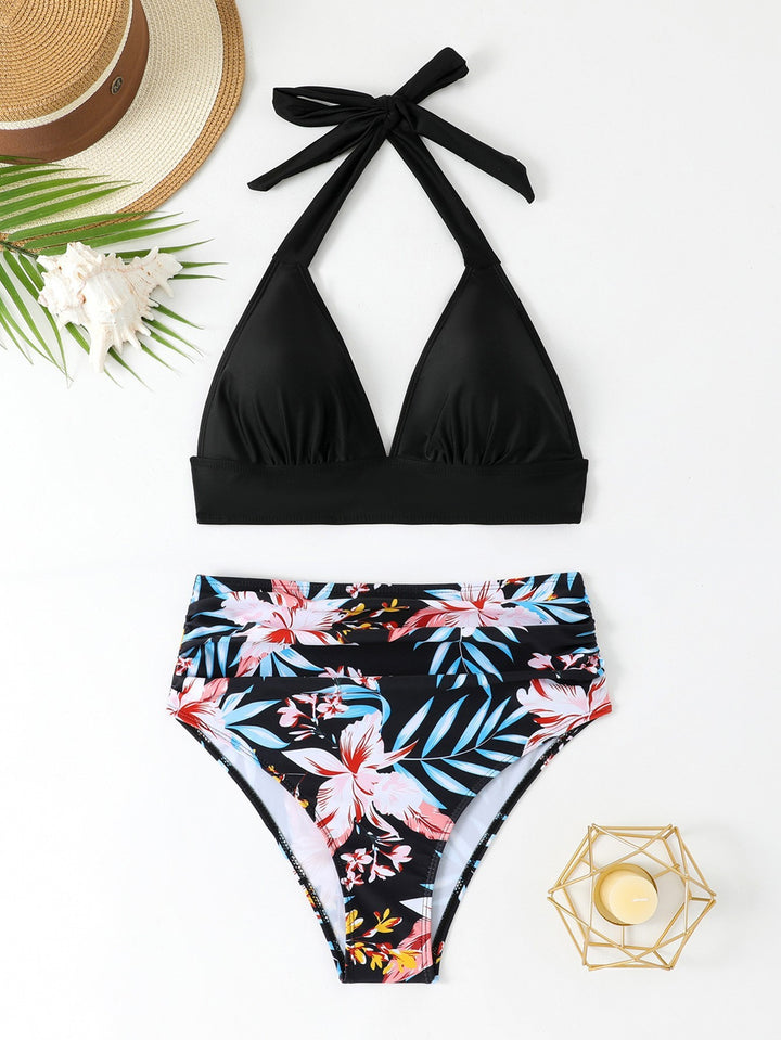 Dame triangel-bikini-sæt med høj talje og blomstret design Skovae