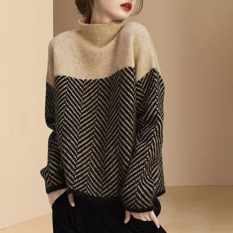 Kvinders sweater med høj krave og moderne bikubemønster Stilla