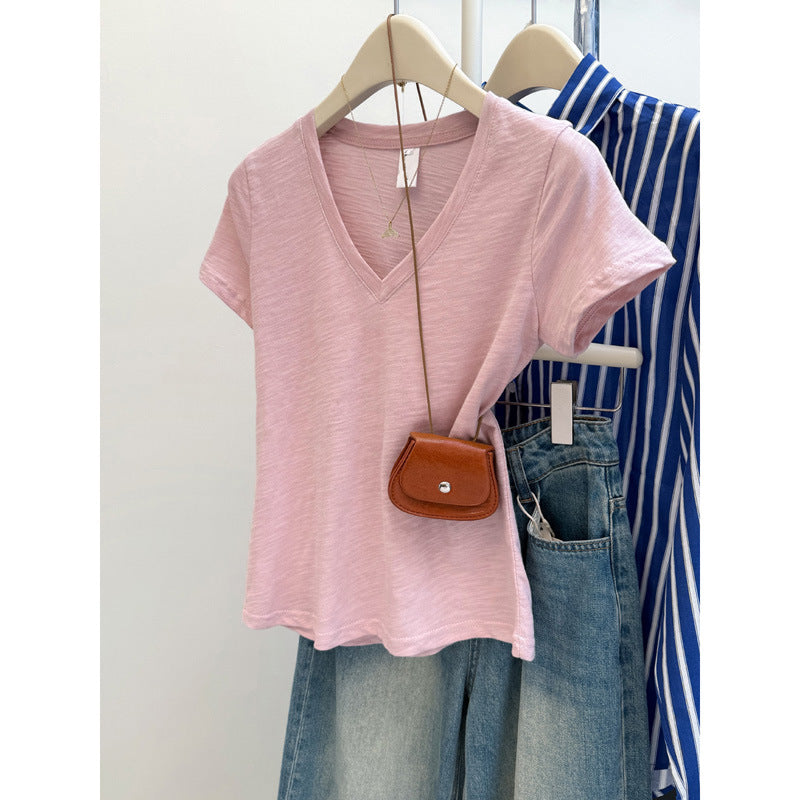 Dame Relaxed V-udskæring Slub T-shirt Stilla