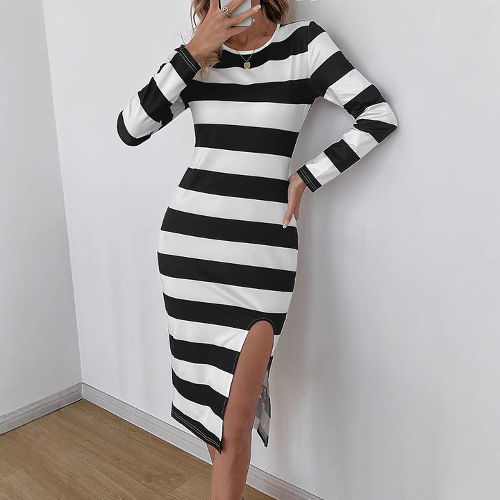 Dame Elegant stribet midi-kjole med side slids og langærmet Stilla