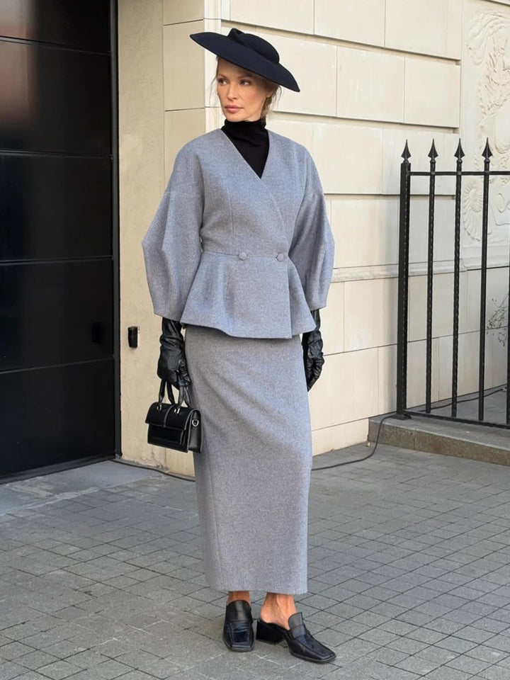 Dame elegante blyantskjoler med chic blazer top og puff ærmer Skovae