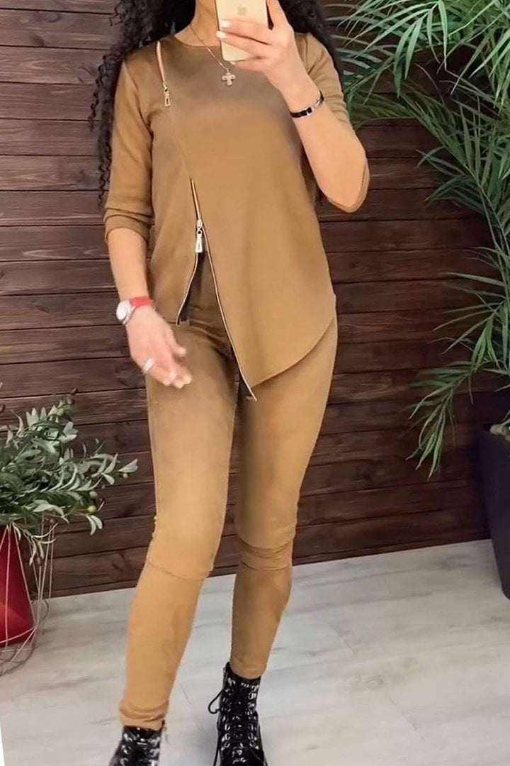 Kvinders stilfulde velour loungewear sæt med lynlås Stilla