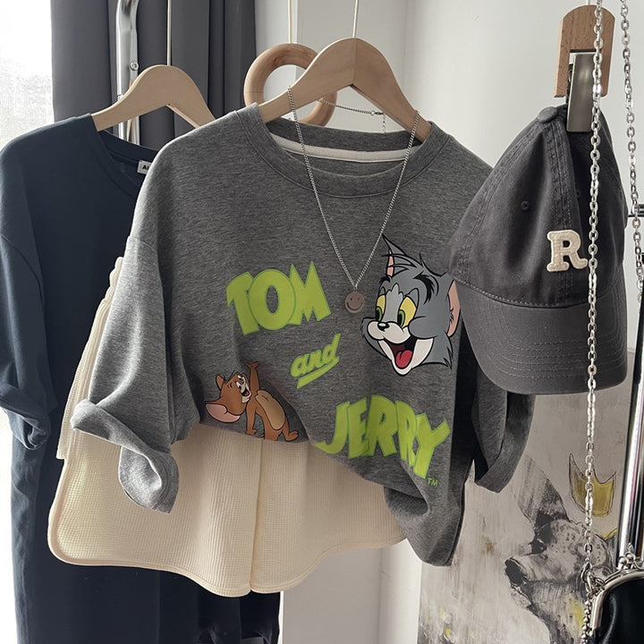 Dame Sweater i afslappet cartoon-stil med kreativt tryk Stilla