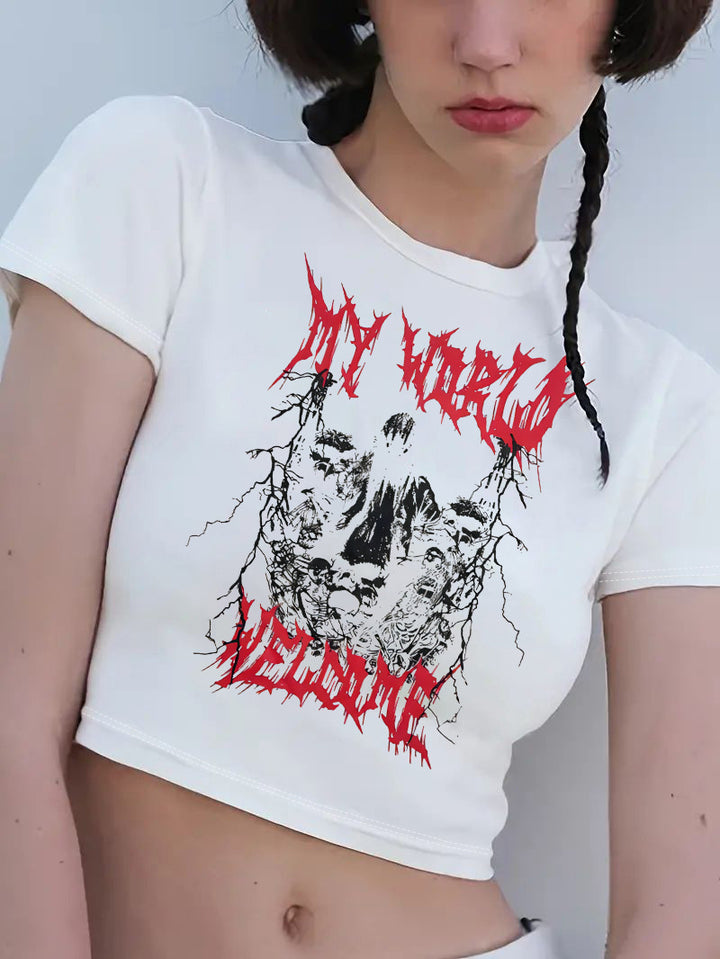 Dame Crop-T-shirt med kreativt skeletdesign og inspirerende tekst Skovae